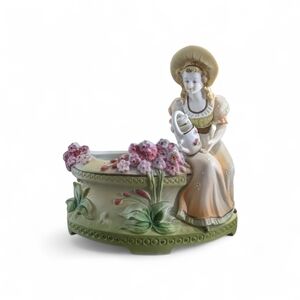 Vintage Charming Paulux Bisque Figurine Planter with Flowers: Occupied Japan